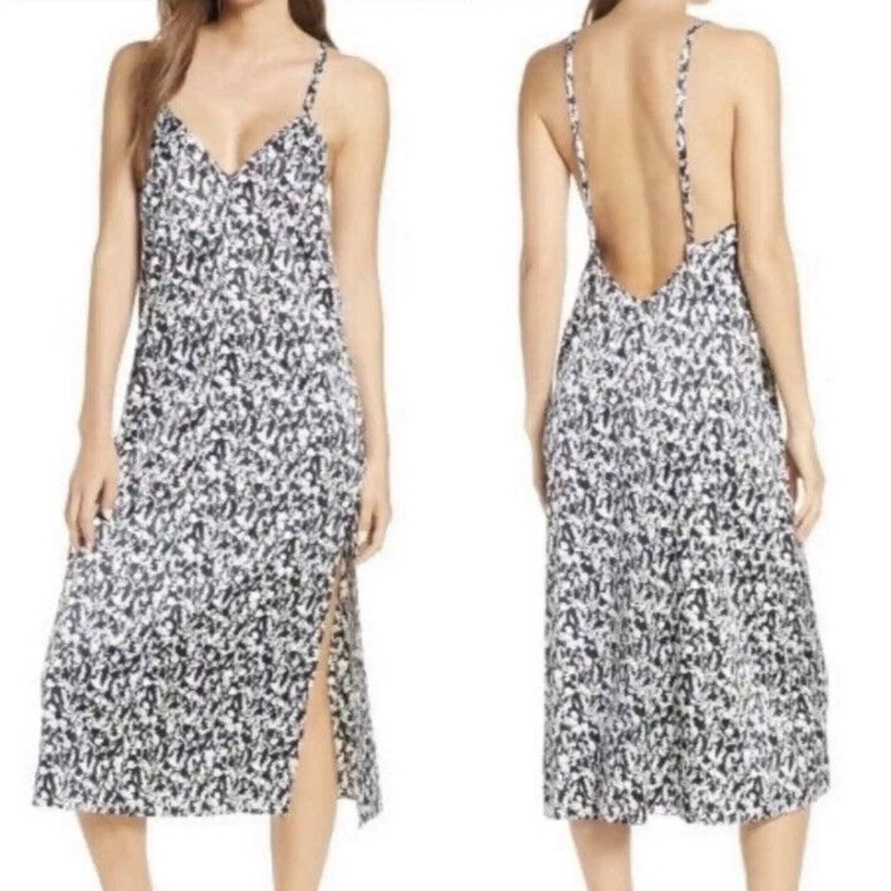 Something Navy Blue Floral Textured Satin Effect Slip Midi Dress